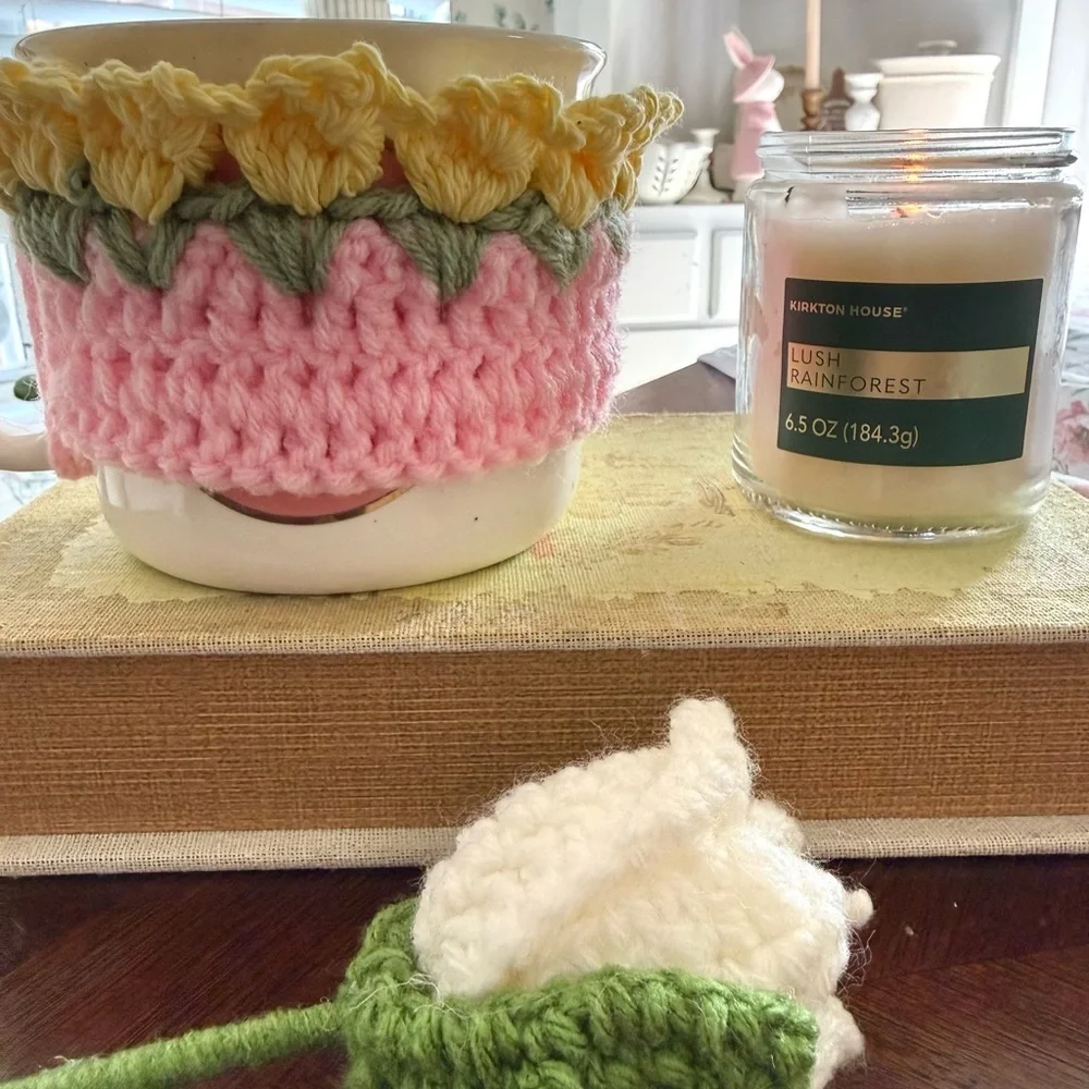 Handmade Crochet Tulip Mug Cozy - Pink & Yellow Floral Cup Sleeve
